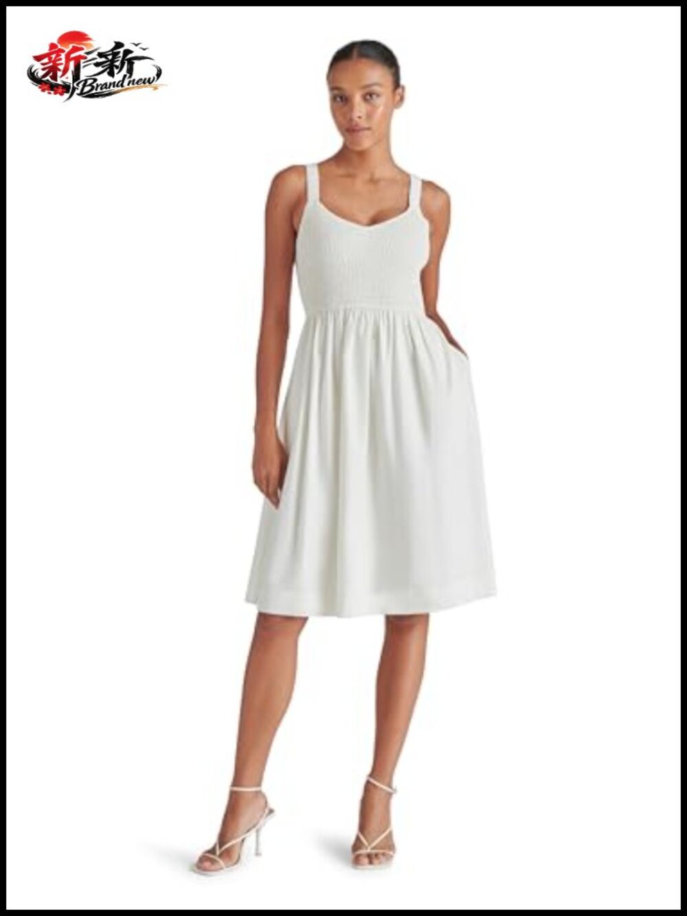 Fit & Flare Midi Dress Sleeveless V-Neck Pull On 100% Cotton